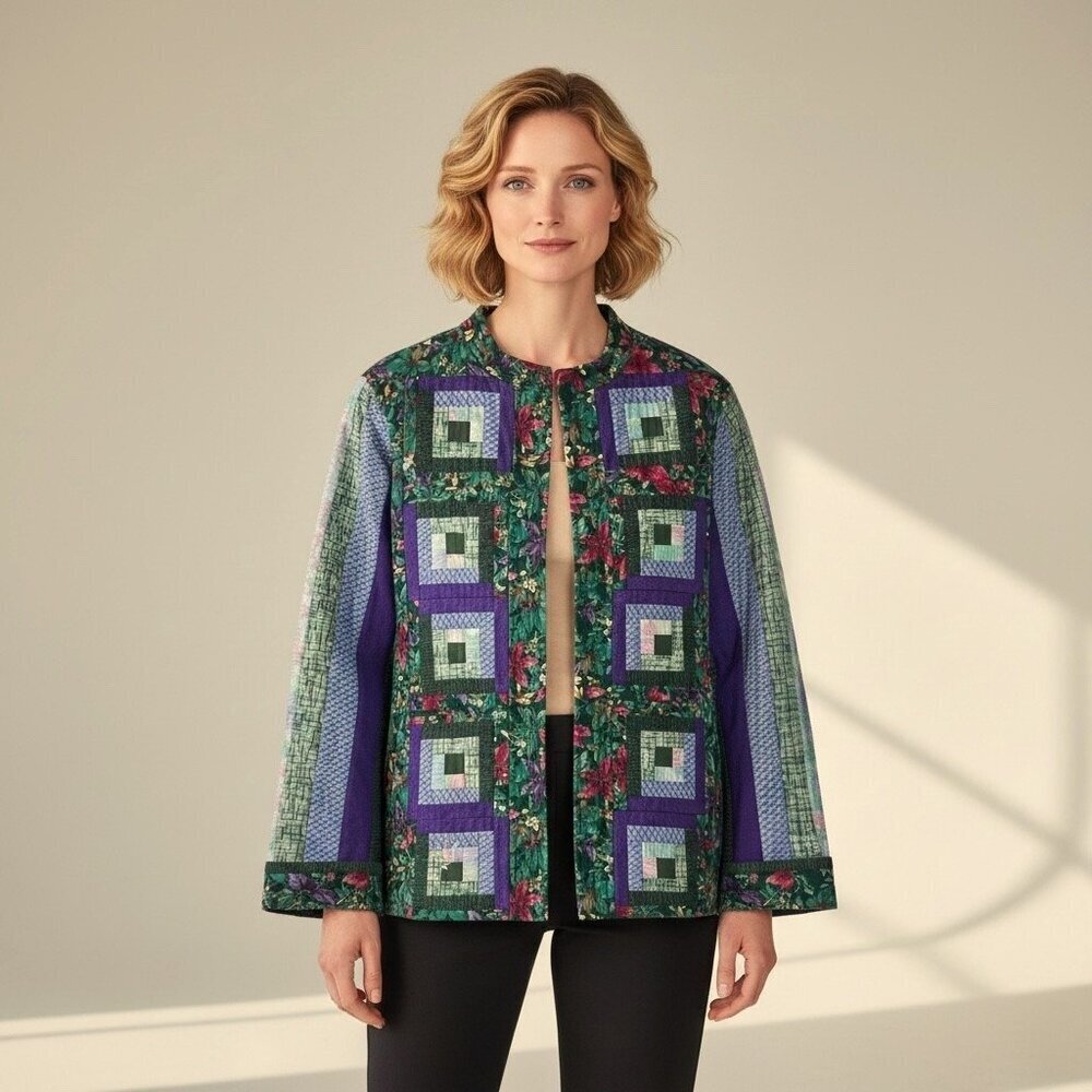 Handmade Quilted Patchwork Barn Jacket Green Purple Floral Log Cabin Size XL/1X